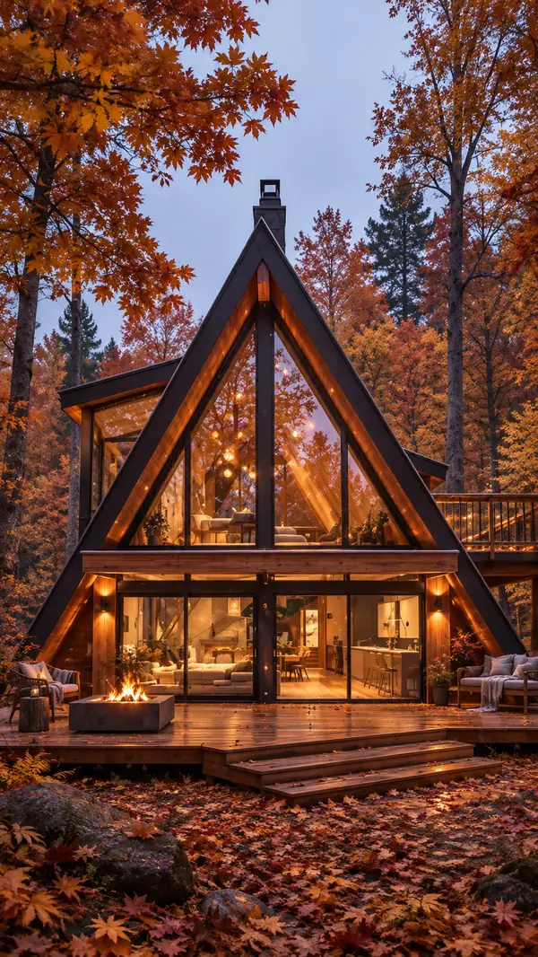 Ein modernes Glashaus leuchtet in einem herbstlichen Wald