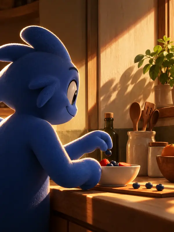 Eine verspielte blaue animierte Figur bewegt sich durch eine warm beleuchtete Küche