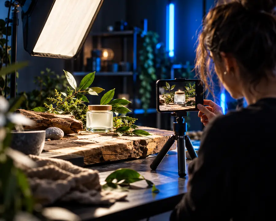 Creator filming a natural product as a scene reference